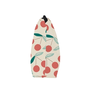 Waterproof cherry print makeup bag with a cream canvas finish and black top zipper