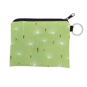 Detail view of water-resistant green coin purse with white dandelion print and metal ring hook