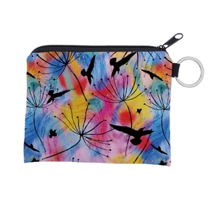 Close-up of dandelion print coin purse with colorful abstract art and metal keychain