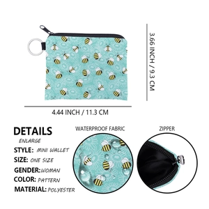 Détails du mini portefeuille abeille imperméable avec dimensions et gros plan du zip
