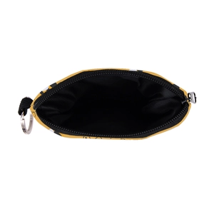 Close-up of portable honeybee pattern coin purse with zipper and metal keychain