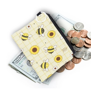 Waterproof bee print coin purse with sunflower pattern and silver keychain ring
