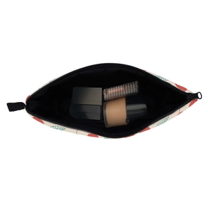 Waterproof cherry print makeup bag showing large open capacity with cosmetic items