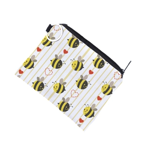 Waterproof mini coin purse with cute honey bee and red heart patterns on striped canvas