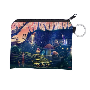 Detail view of the colorful mushroom print on a waterproof small zip coin purse with keyring
