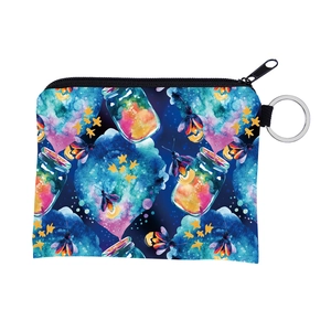 Detail of waterproof coin purse with watercolor firefly print and silver key ring