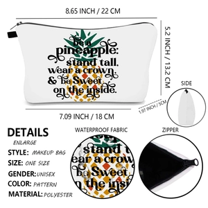 Waterproof polyester makeup bag with pineapple print and detailed dimension markings