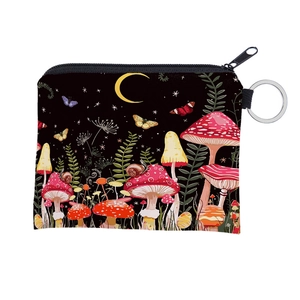 Detail of waterproof mushroom print coin purse with metal zipper and key ring