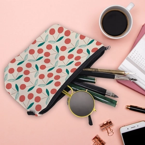 Portable cherry print waterproof makeup bag with zipper for travel and storage