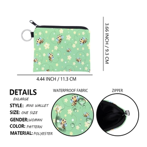 Detailed size view of floral bee coin purse showing 11.3cm width and waterproof polyester