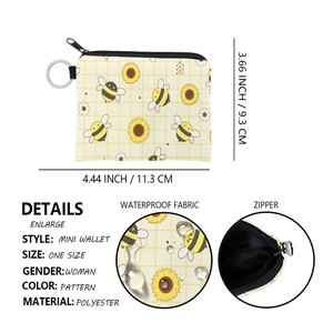 Detailed specs of bee print mini wallet featuring waterproof polyester and size dimensions