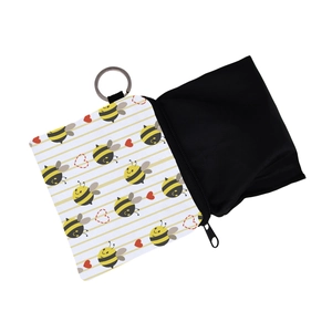 Water-resistant square coin purse with cute bee print and yellow stripes on white
