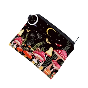 Waterproof mini coin purse with colorful mushroom and forest butterfly print on black canvas