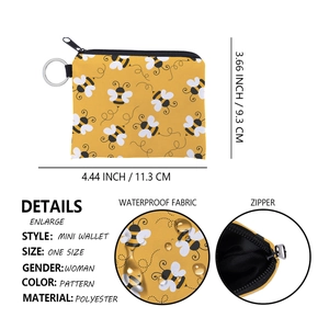 Detailed view of waterproof polyester mini bee wallet with zipper and keychain ring