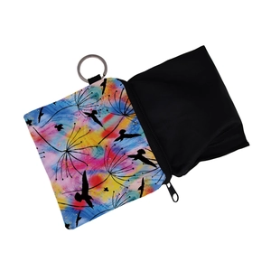 Water-resistant dandelion print coin purse with colorful abstract art and metal keychain