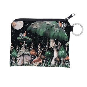 Detail of waterproof mushroom print coin purse with metal keyring and black zipper closure