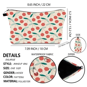 Waterproof cherry print polyester makeup bag with detailed size guide and zipper detail