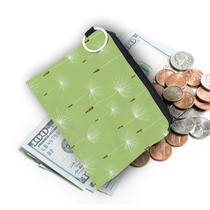 Waterproof dandelion print coin purse in green with zipper closure and silver keyring