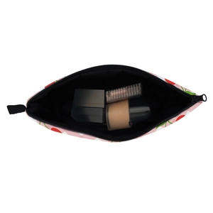 Waterproof travel makeup bag with pink checkered pattern and cherry print decoration