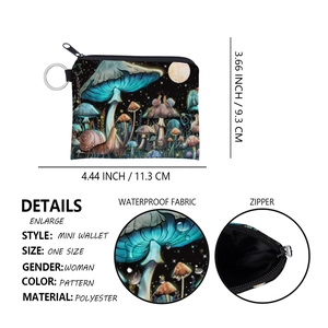 Macro detail of waterproof polyester mushroom print coin purse with zipper closure