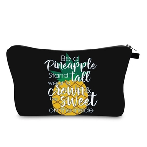 Detail of waterproof pineapple print makeup bag with durable fabric and sturdy zipper