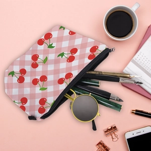 Waterproof cherry print travel makeup bag with pink checkered pattern and zipper