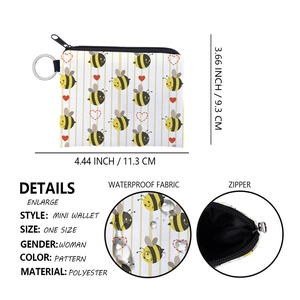Detail showing waterproof bee print coin purse with zipper and dimensions for daily use