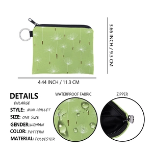 Waterproof polyester mini wallet detail showing dandelion print and secure zipper key ring