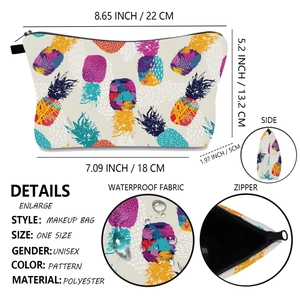 Detailed views of pineapple print waterproof travel makeup bag with size and zipper detail