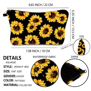 Détails de la trousse de maquillage tournesol avec dimensions 22x13,5x5cm et tissu