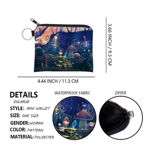 Waterproof polyester mini wallet featuring mushroom prints with metal keychain and zipper detail