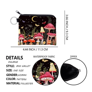 Detail of waterproof mushroom print mini wallet showing polyester texture and zipper