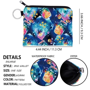 Detailed view of waterproof firefly print mini wallet with dimensions and fabric texture