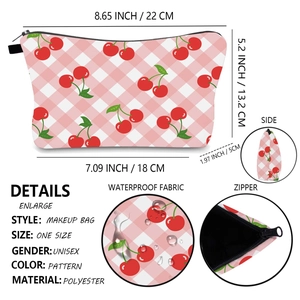 Waterproof cherry print makeup bag with size guide and metal zipper details