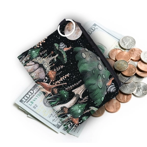 Waterproof mushroom print coin purse with vintage snails and stars on a black canvas