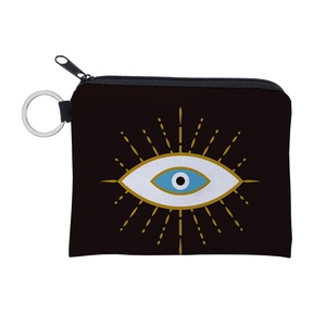 Close-up of black fabric coin purse with Evil Eye print and silver metal keychain ring