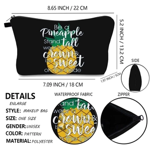 Waterproof polyester makeup bag detail with pineapple print and zipper closure dimensions