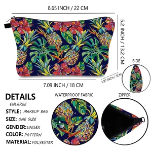 Waterproof toiletry bag with tropical pineapple print and precise size dimensions