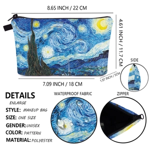 Detail view of Van Gogh Starry Night makeup bag with waterproof polyester fabric and zipper