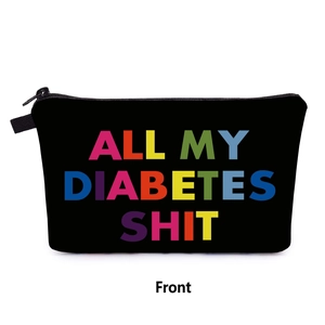 Close-up of black makeup bag with colorful All My Diabetes Shit print and sturdy zipper
