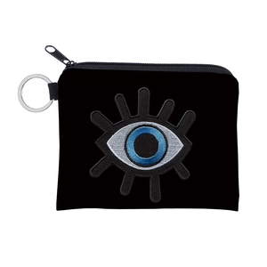 Detailed view of the Evil Eye embroidery on a black canvas coin purse with silver keychain