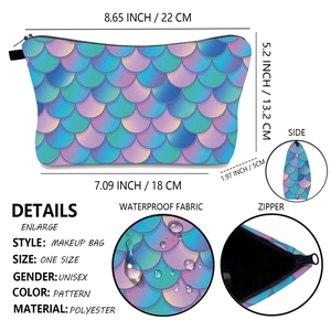 Waterproof mermaid scale pattern travel makeup bag with dimensions and fabric details