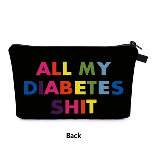 Close-up of the back of a black canvas cosmetic bag with premium digital printing