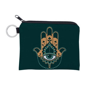 Detail of dark green Evil Eye coin purse showing the Fatima hand print and key ring attachment