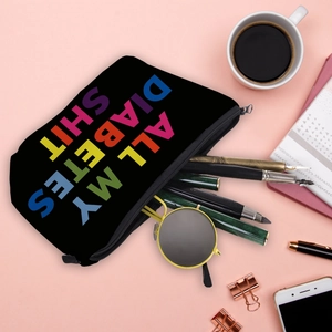 Portable black canvas makeup bag with colorful letter print for travel storage essentials