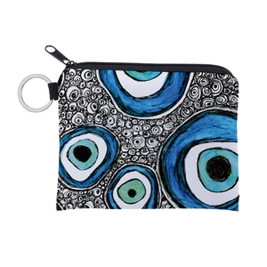 Detail view of Evil Eye coin purse with durable zipper closure and silver metal keyring