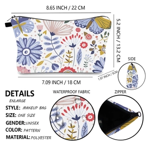 Waterproof floral makeup bag in polyester with size specifications and zipper details