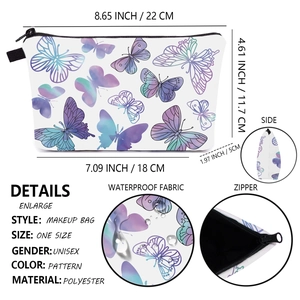 Trousse à maquillage étanche en polyester avec motif papillon et fermeture éclair