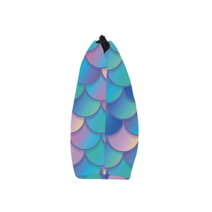 Detail view of the triangle base and colorful mermaid scale pattern on this toiletry bag
