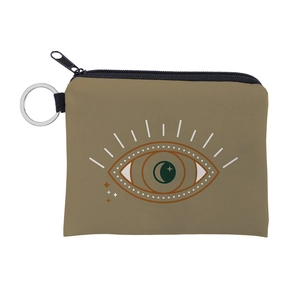 Detail of olive green evil eye coin purse with zipper and metal keychain clip